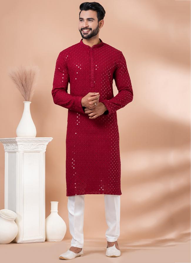 Viscose Rayon Red Traditional Wear Embroidery Work Kurta Pajama